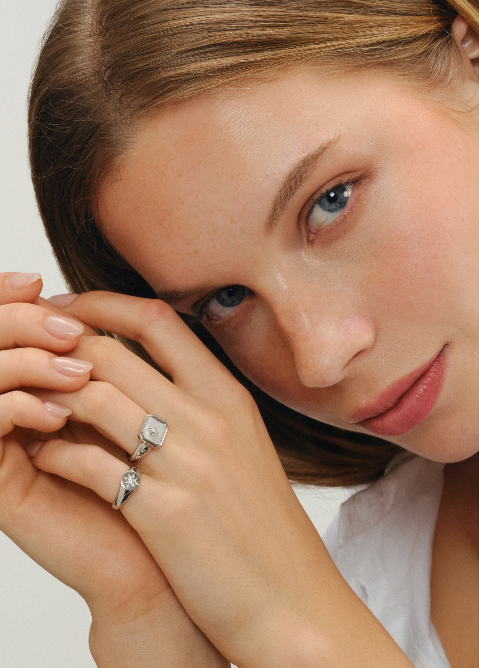 Dana solid silver signet ring with mother of pearl inlay and north star emblem
