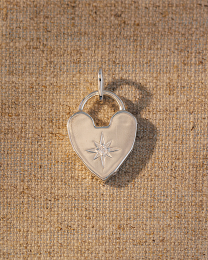 Raven James ROMY silver heart pendant, recycled 925 sterling silver engravable heart pendant with antique-inspired star motif and central crystal