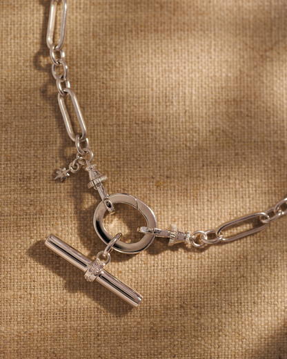 Silver Lucy T-bar pendant with crystal detail on Tabitha paperclip chain