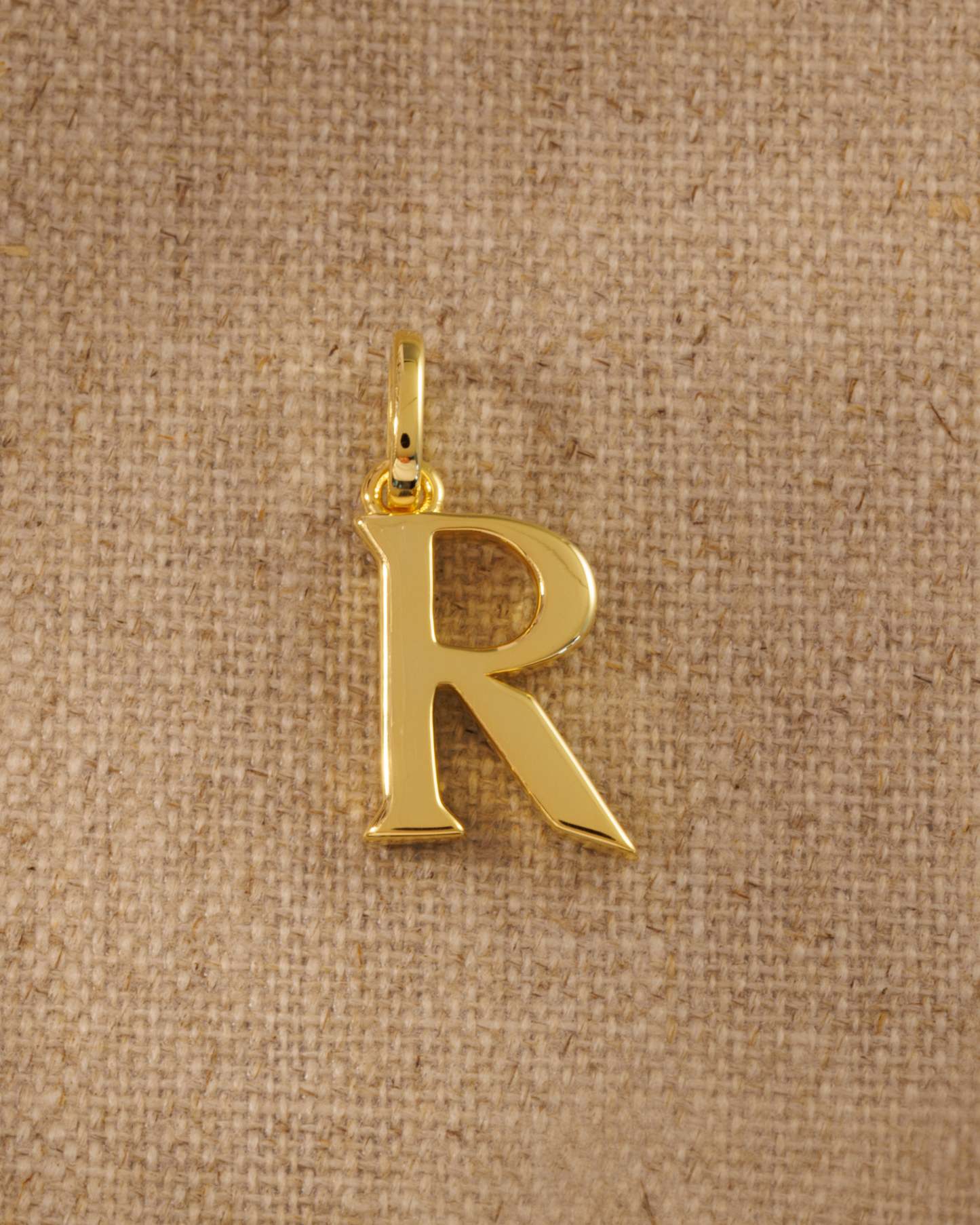 Small R gold alphabet pendant initial charm in recycled sterling silver with 18ct gold plate