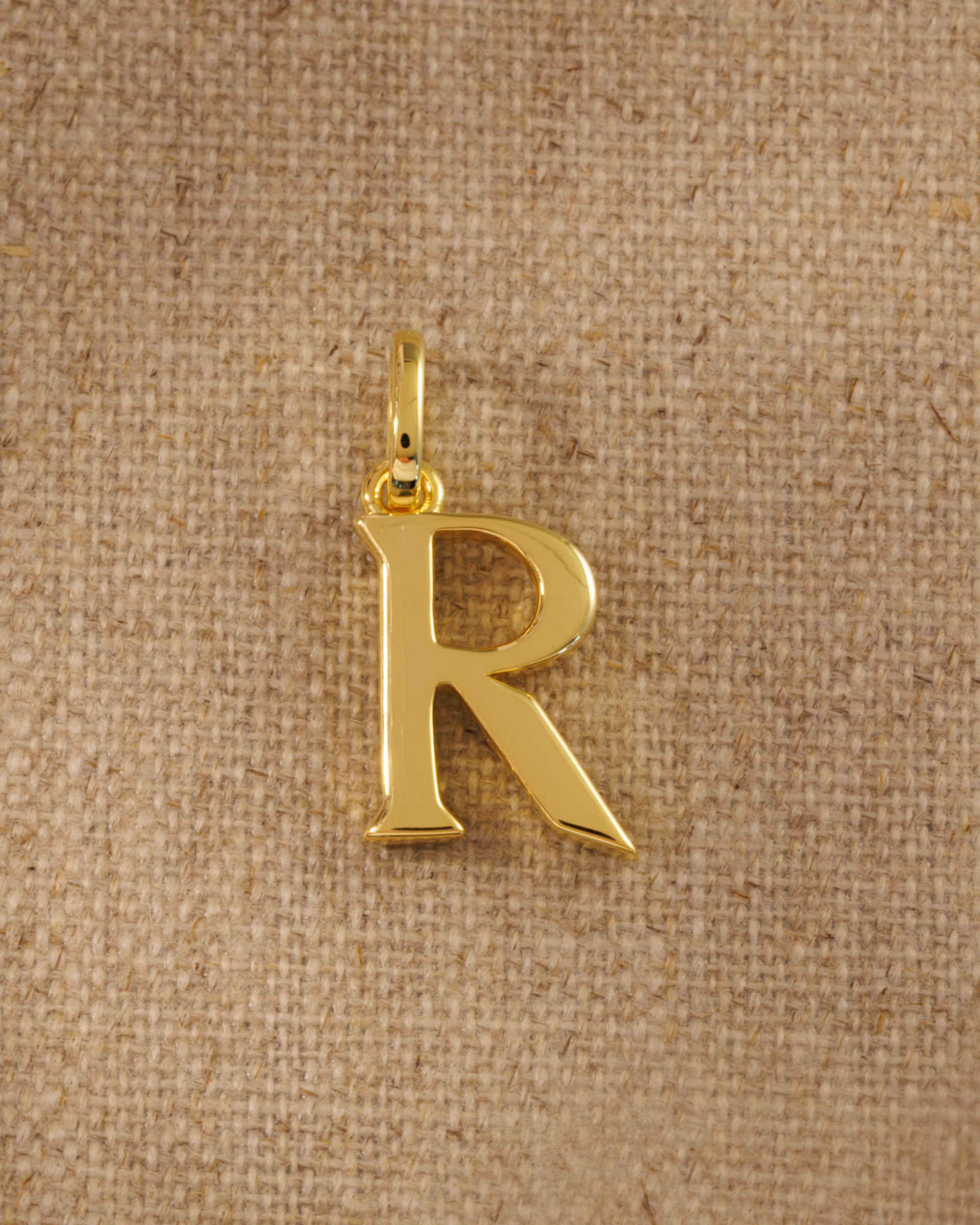 Small R gold alphabet pendant initial charm in recycled sterling silver with 18ct gold plate