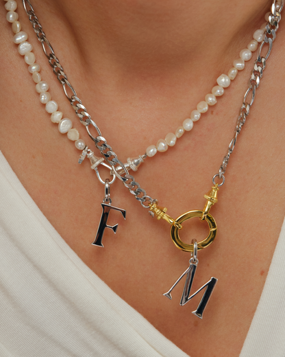 Solid silver alphabet initial pendants styled on River chain and Aura pearl necklace with multiway clasp detail