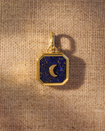 Small moon talisman double-sided pendant with lapis lazuli and amazonite gemstones