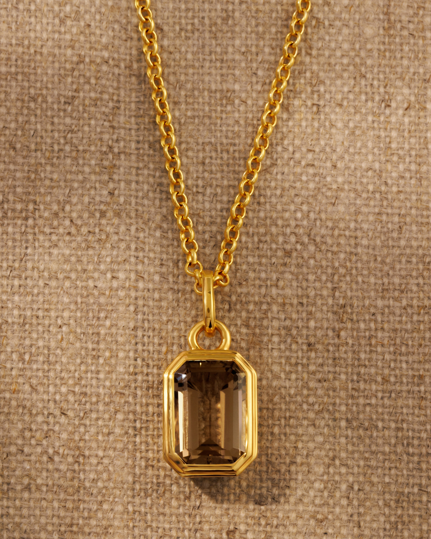 Gold vermeil smoky quartz emerald cut pendant on Ivy chain necklace