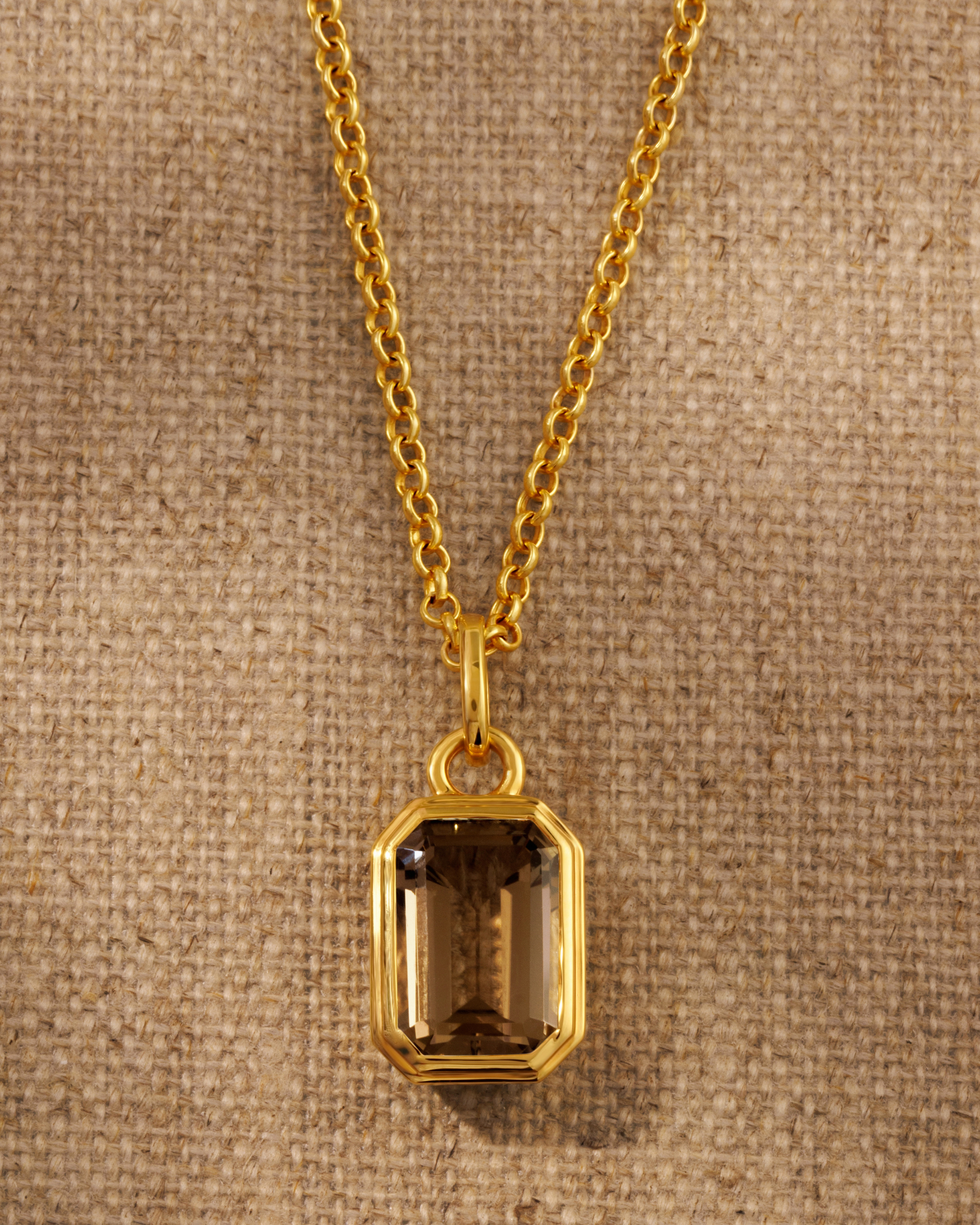 Gold vermeil smoky quartz emerald cut pendant on Ivy chain necklace