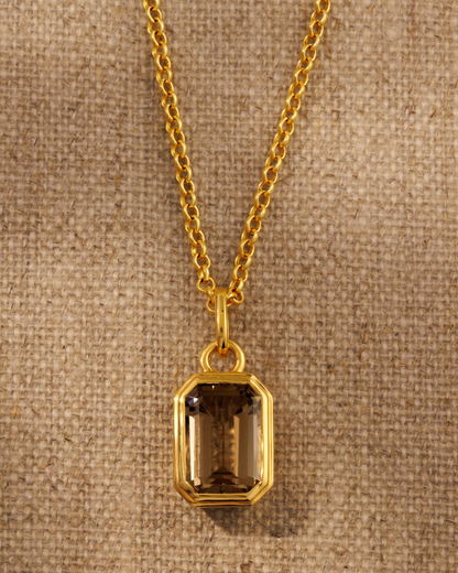 Gold vermeil smoky quartz emerald cut pendant on Ivy chain necklace