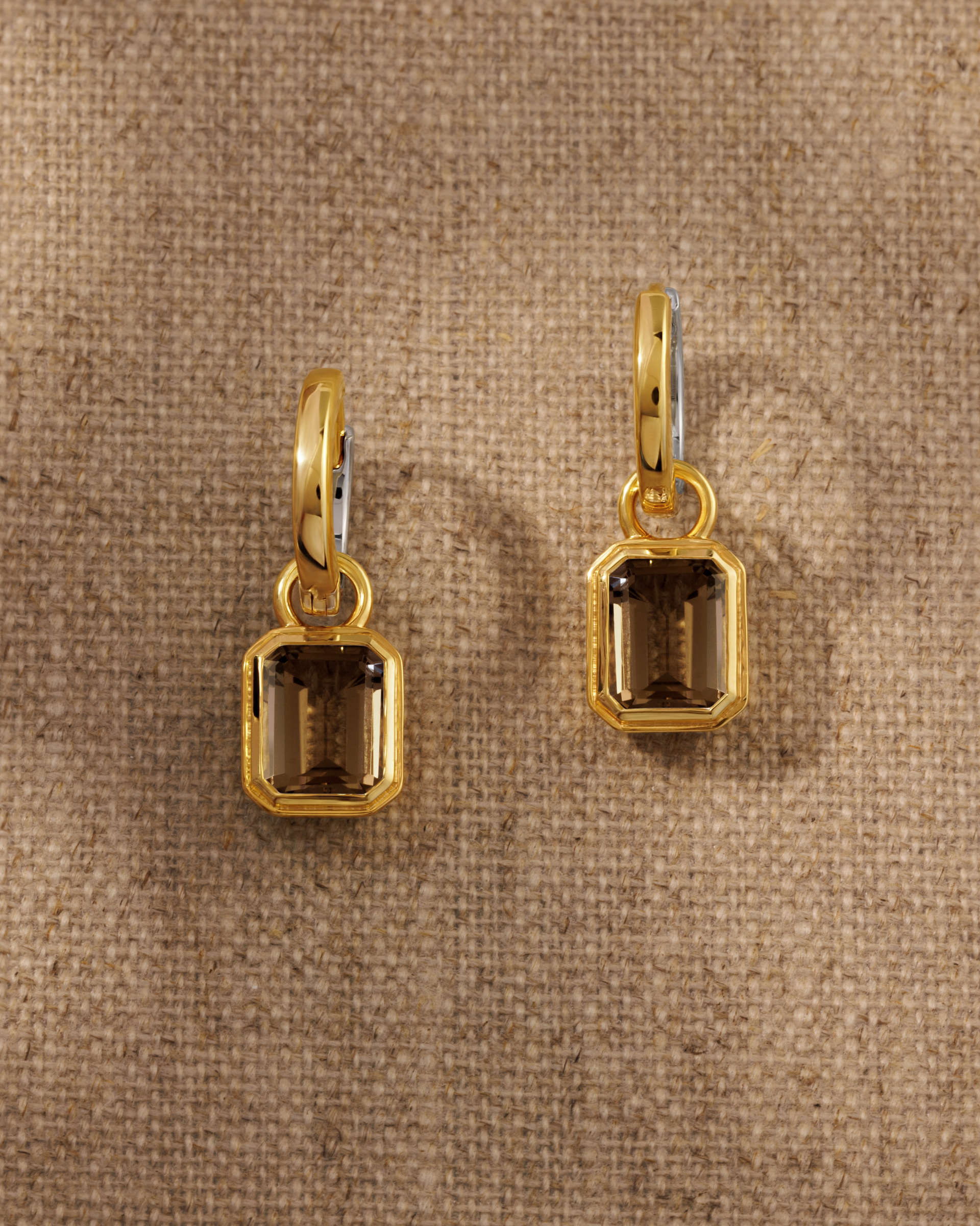 Smoky quartz earring charms on Cara reversible hoop earrings