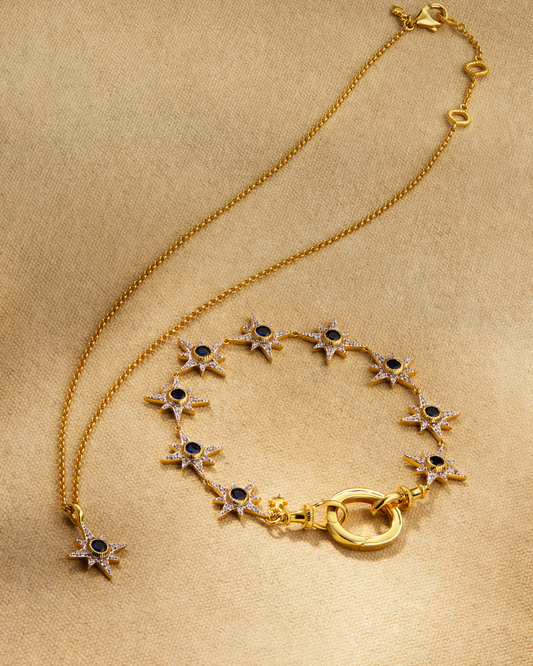 Supernova sapphire bracelet and North Star pendant necklace in gold with blue crystals styled together with oval ring multiway jewellery
