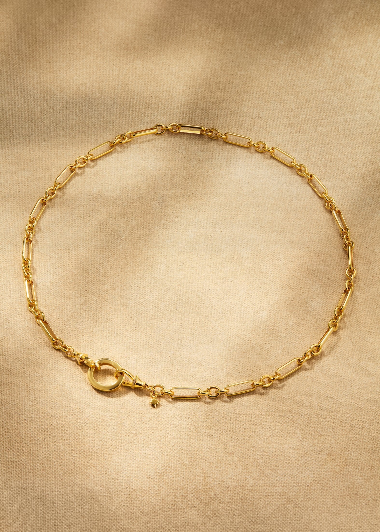 Tabitha trombone link gold chain necklace with lobster clasp and oval link detail