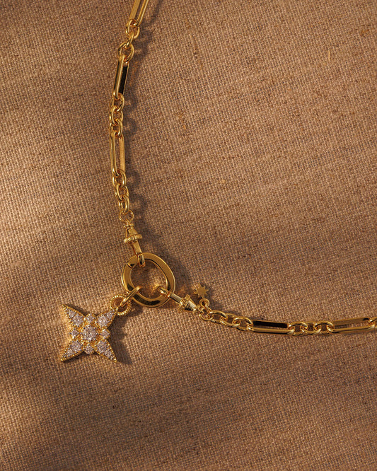 Gold paperclip chain necklace with crystal star pendant attached to clasp
