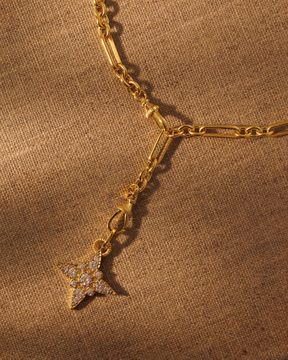 gold paperclip chain necklace with star crystal pendant and multiway clasp detail