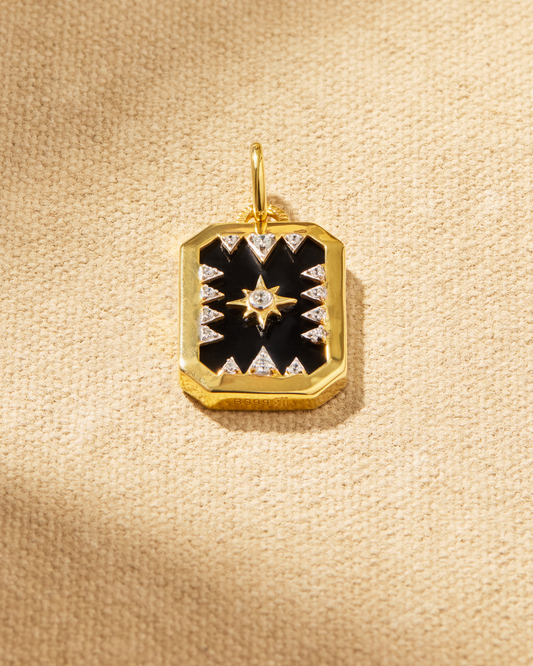 Talisman pendant in gold with black onyx and crystal star detail, reversible pendant for multiway chains