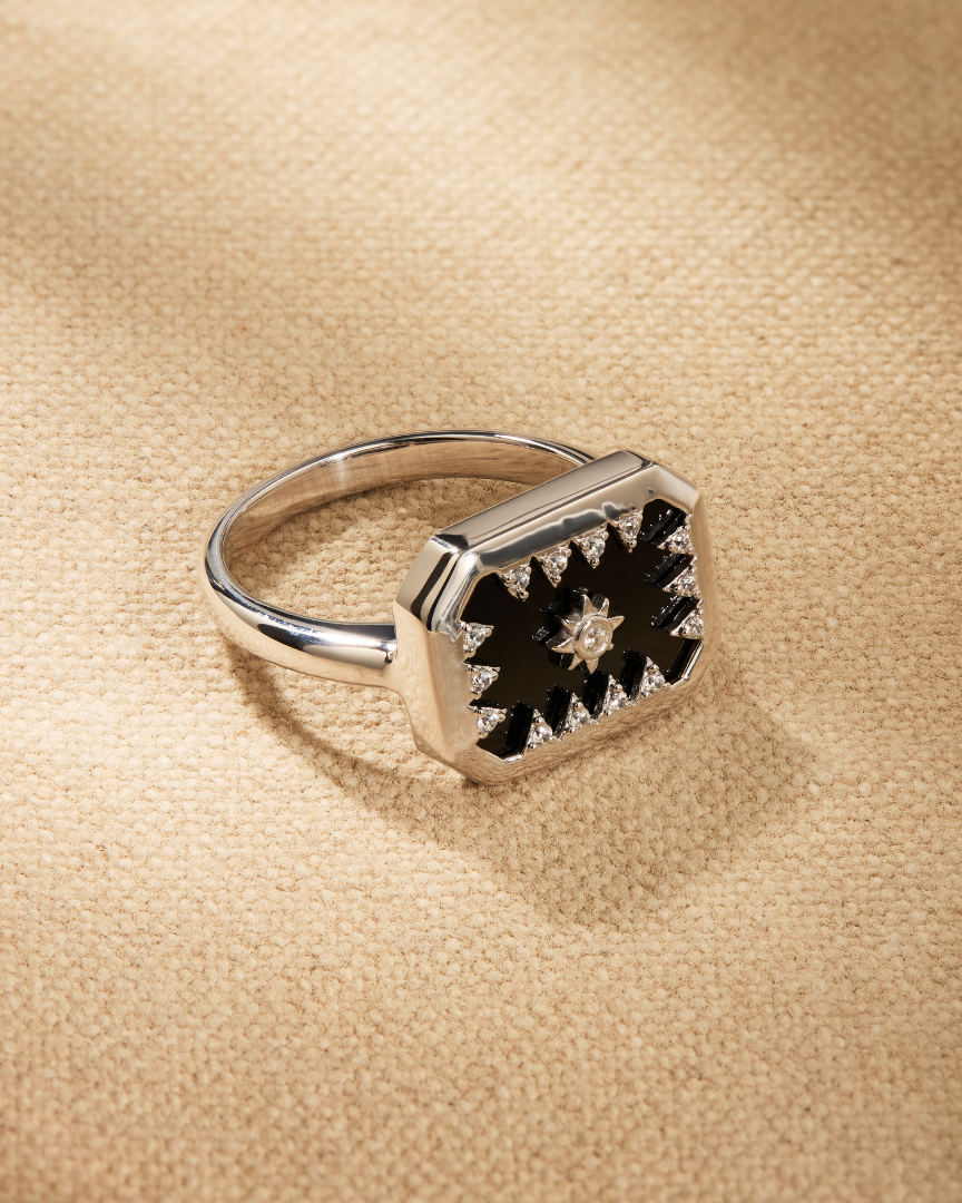 Tamsin silver signet style ring with black onyx and crystal North Star detail