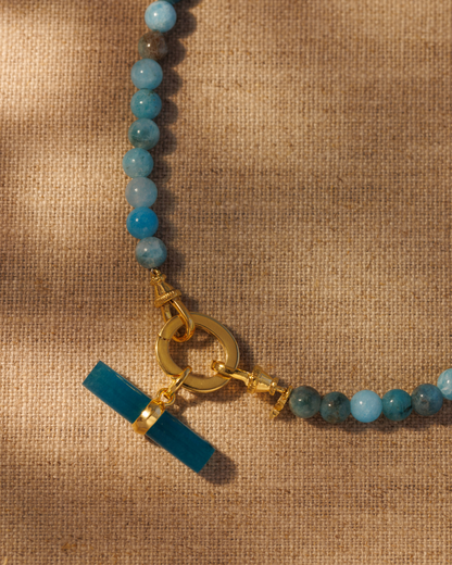 Teal quartz T-bar pendant on Azura apatite gemstone beaded necklace