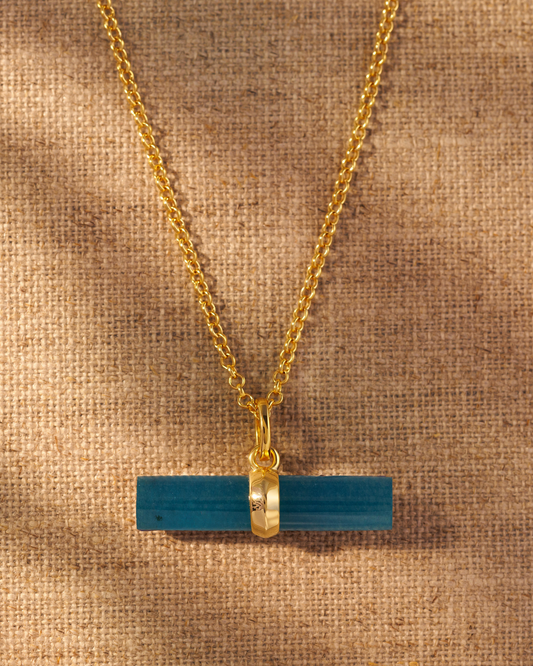 Teal Quartz T-Bar Pendant on gold ivy chain 