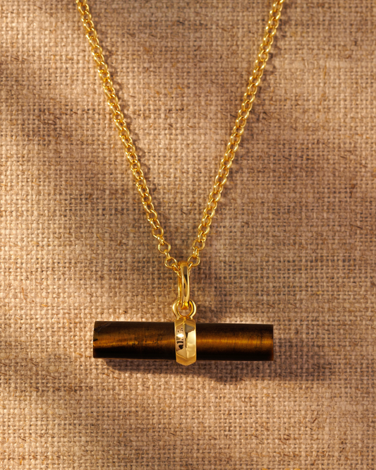 Tigers Eye T-Bar Pendant on gold ivy chain 