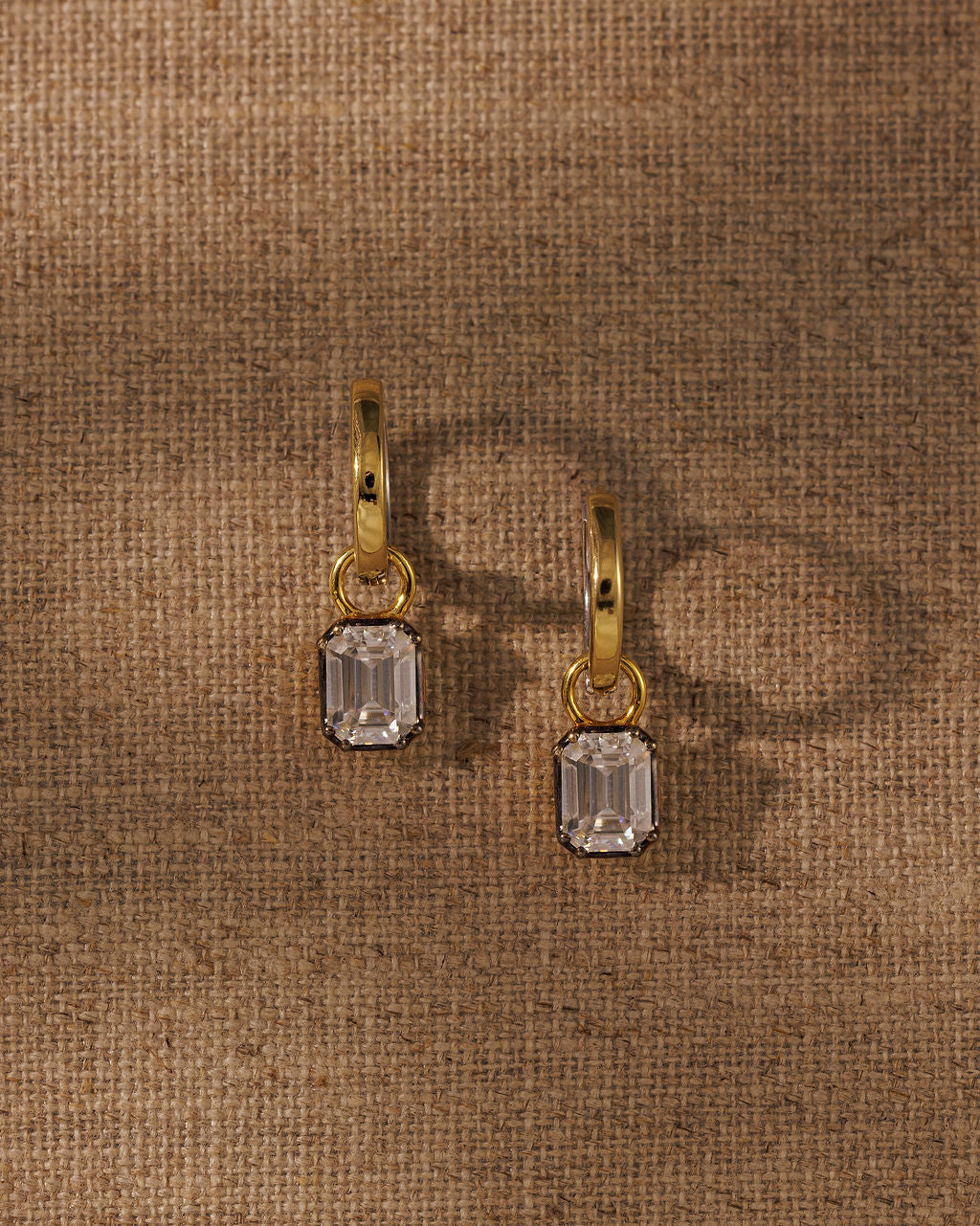 EDITH emerald cut moissanite earring charms on large CARA hoops
