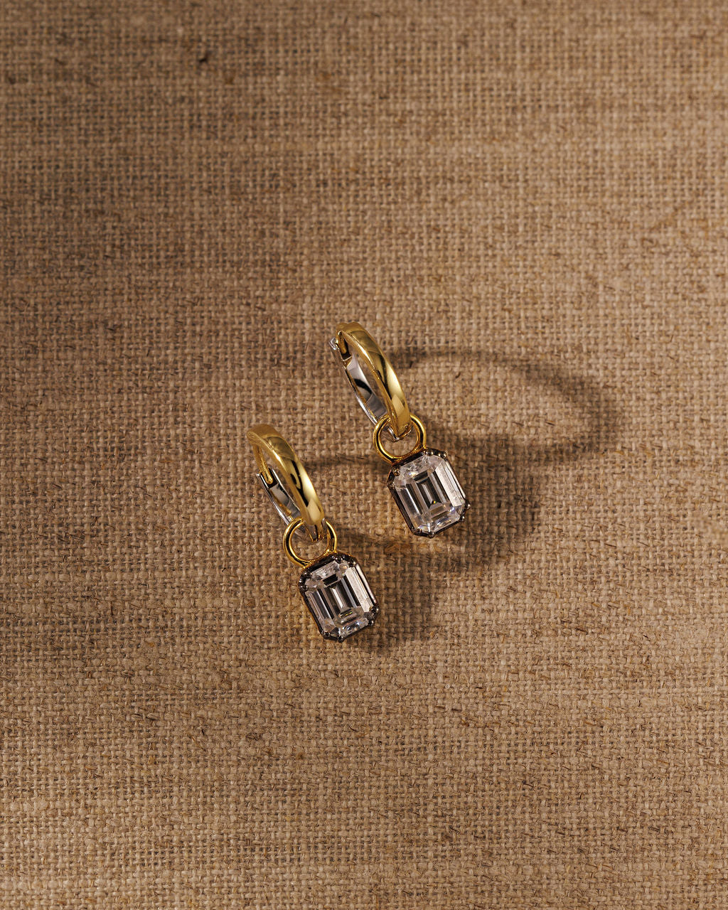 EDITH emerald cut earring charms on CARA hoops, side view