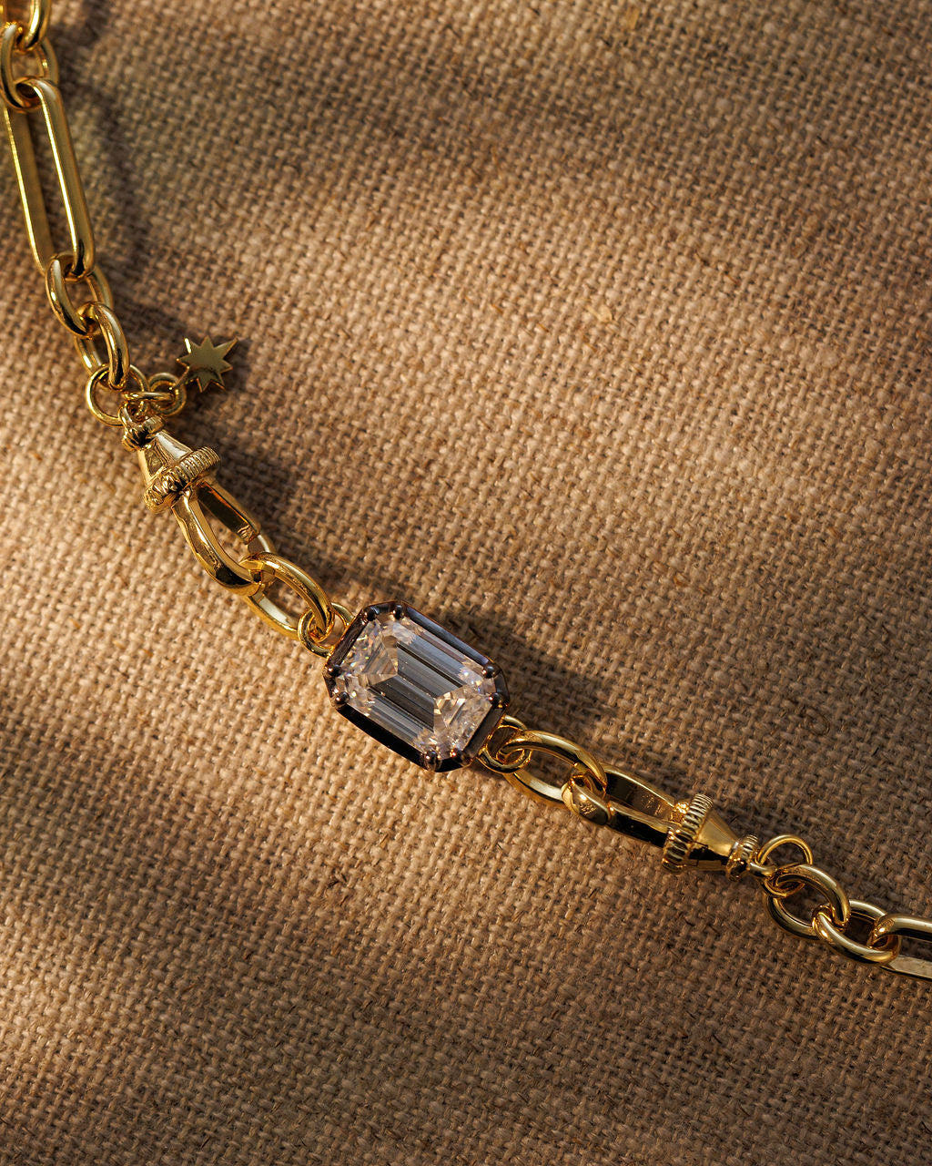 EDITH emerald cut moissanite extender on the TABITHA chain, close up