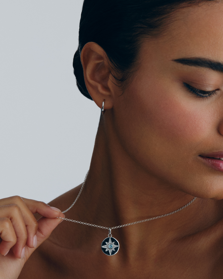 sterling silver fine chain necklace with adjustable length for layering and attaching pendants shown with silver vega with aquamarine cystals