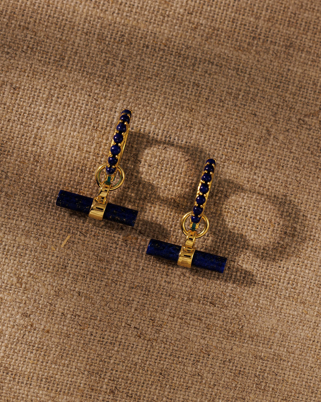 Lapis T-BAR earring charms on DELTA reversible huggies