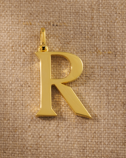 Large R gold alphabet pendant initial charm in recycled sterling silver with 18ct gold plate