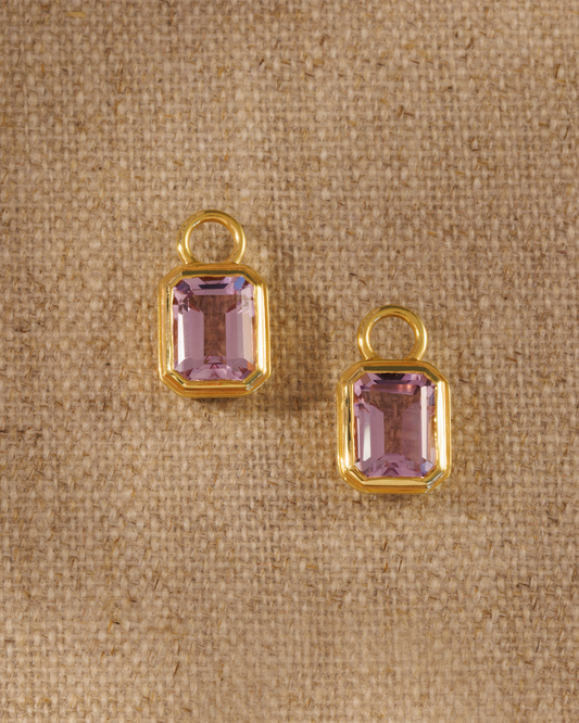 Lumi emerald cut pink amethyst earring charm in 18ct gold plated bezel setting