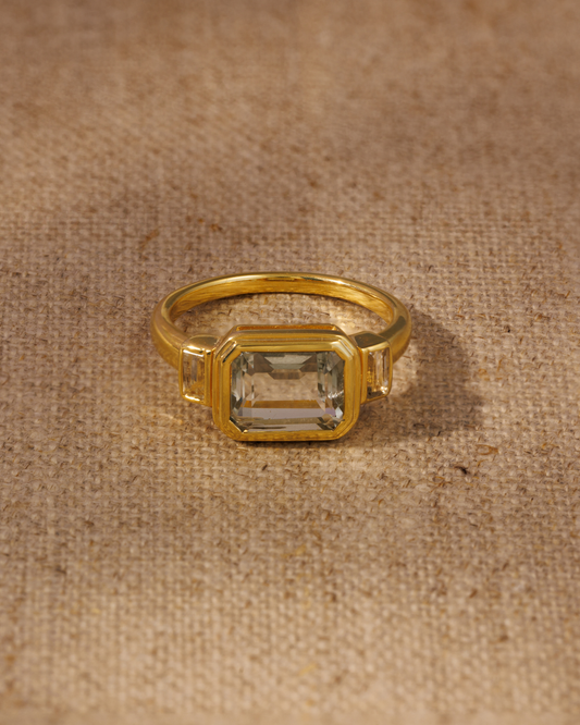 Lumi emerald cut green emerald three stone ring in 18ct gold plated sterling silver