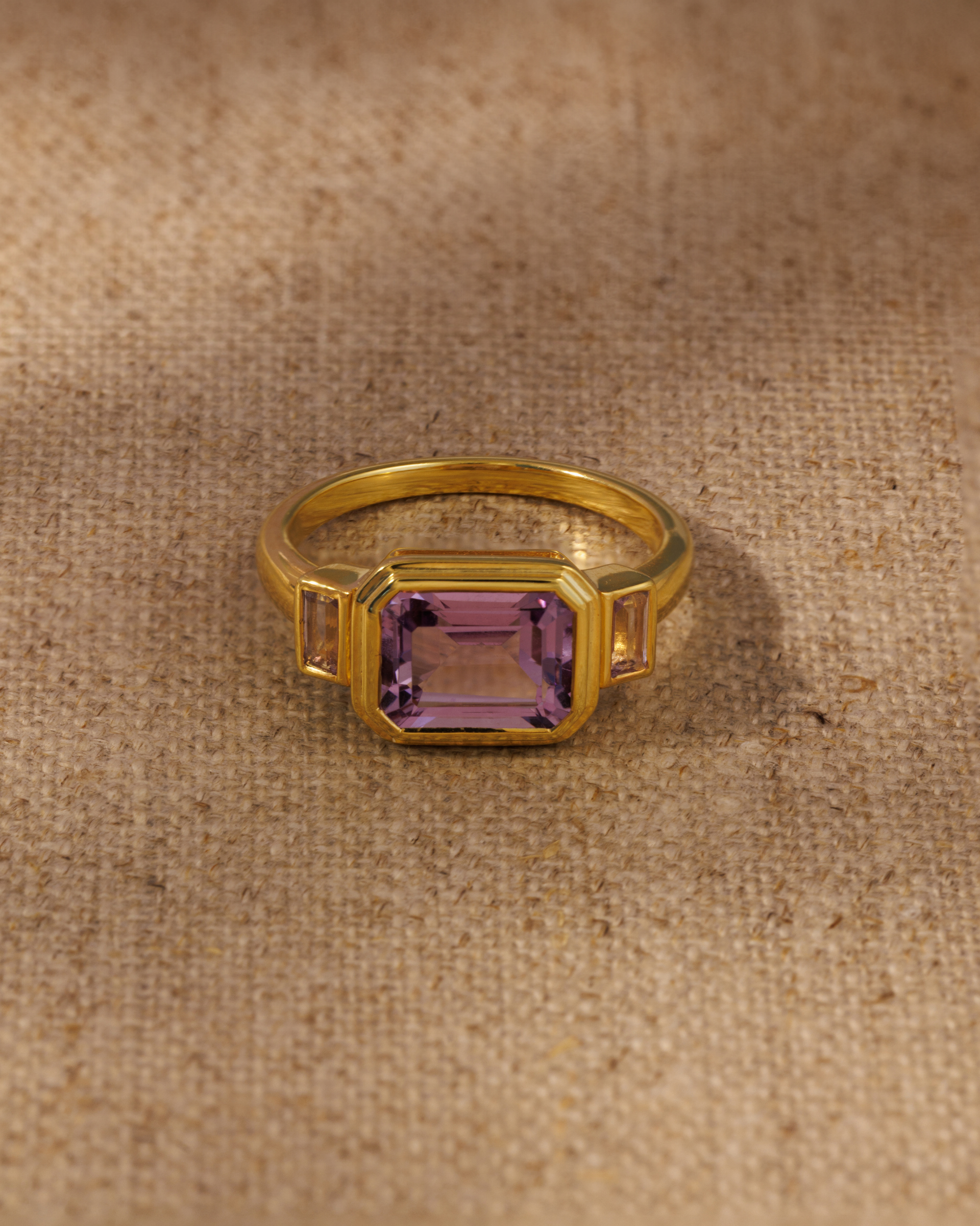 Lumi emerald cut pink amethyst three stone ring in 18ct gold plated sterling silver