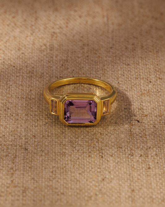 Lumi emerald cut pink amethyst three stone ring in 18ct gold plated sterling silver