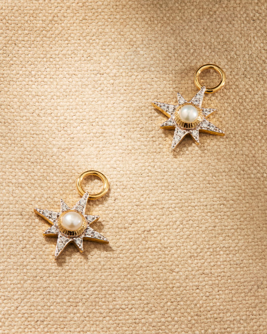 Lyra earring charms with pearl and crystal star design in gold, designed to attach to hoop earrings for interchangeable styling