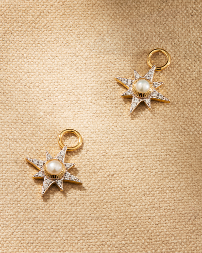 Lyra earring charms with pearl and crystal star design in gold, designed to attach to hoop earrings for interchangeable styling