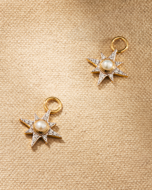 Lyra earring charms with pearl and crystal star design in gold, designed to attach to hoop earrings for interchangeable styling