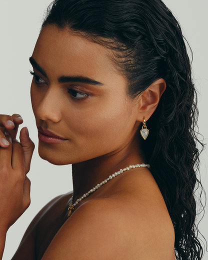 Gold shield earring charms with mother of pearl and crystal detailing on hoop earrings interchangeable jewellery styling.