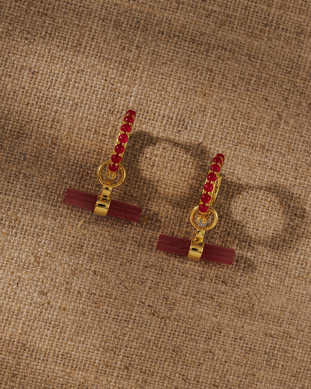 Pink Quartz T-BAR earring charms on DELTA reversible huggies