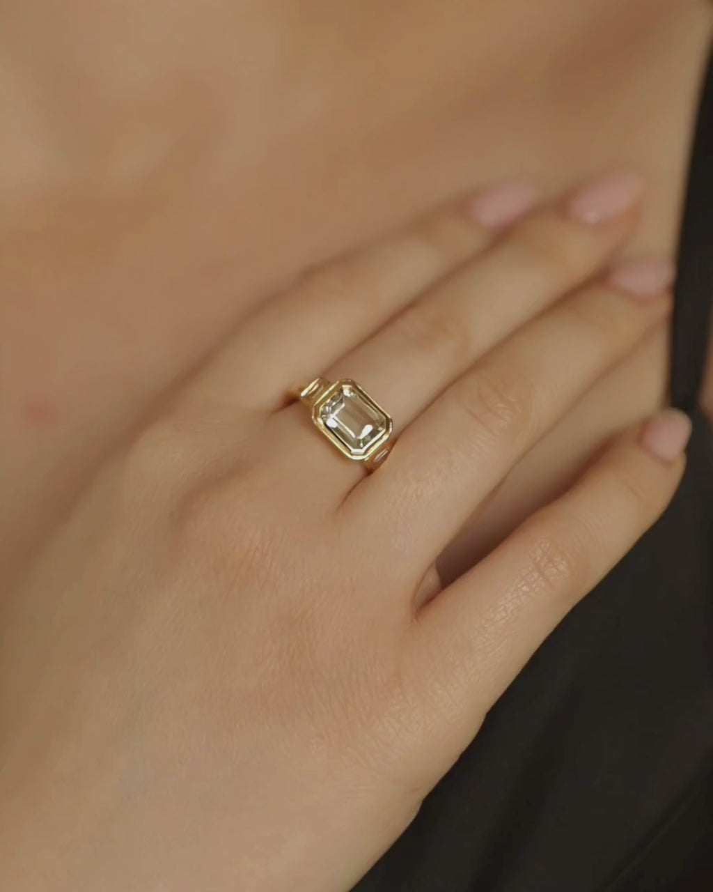 Lumi emerald cut green amethyst three stone ring in 18ct gold plated sterling silver