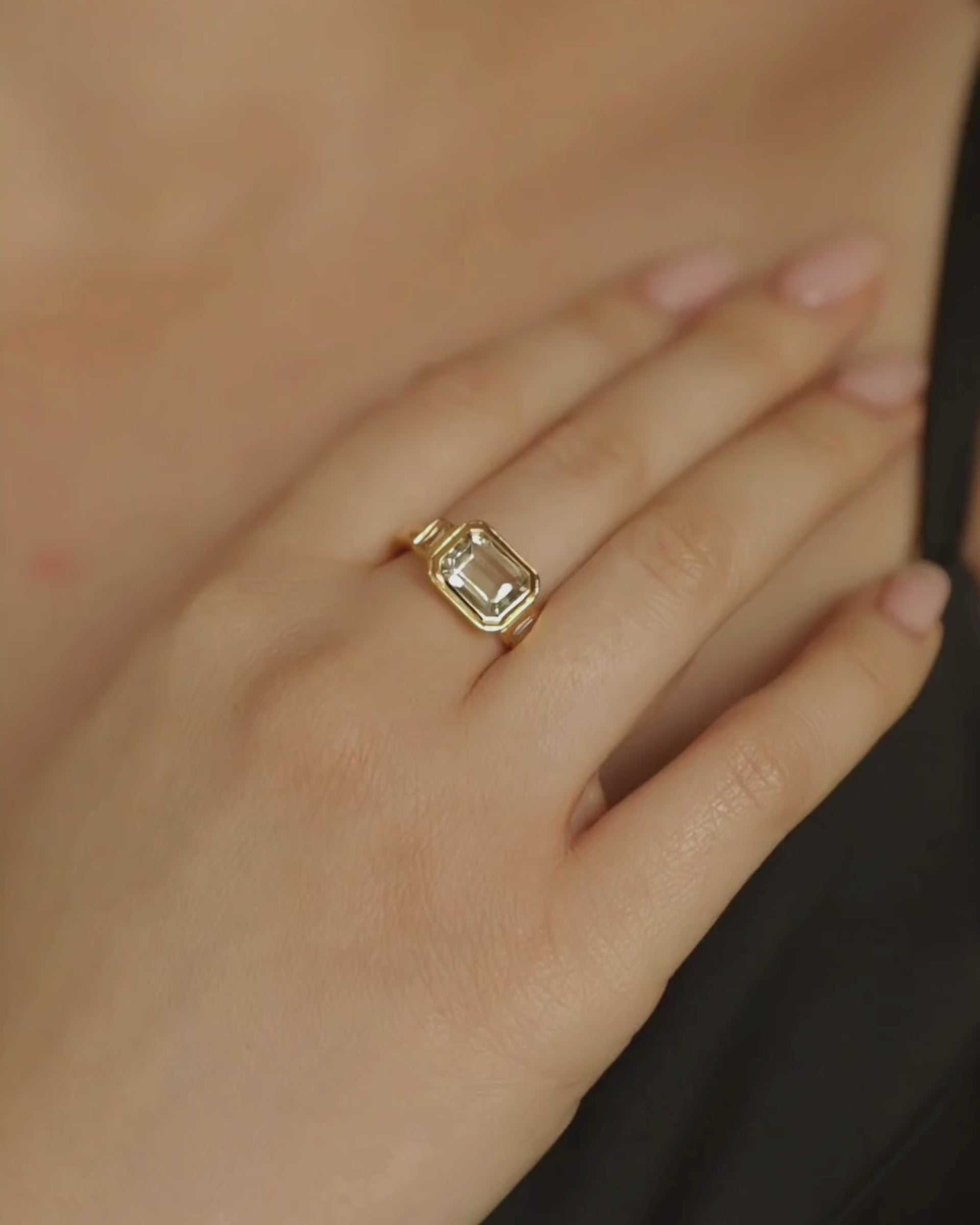 Lumi emerald cut green amethyst three stone ring in 18ct gold plated sterling silver