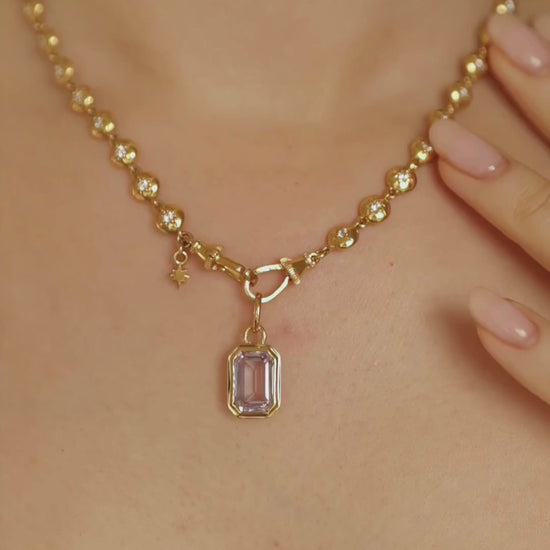 Lulu 18ct gold plated star detail tennis chain necklace with Lumi emerald cut pink amethyst pendant