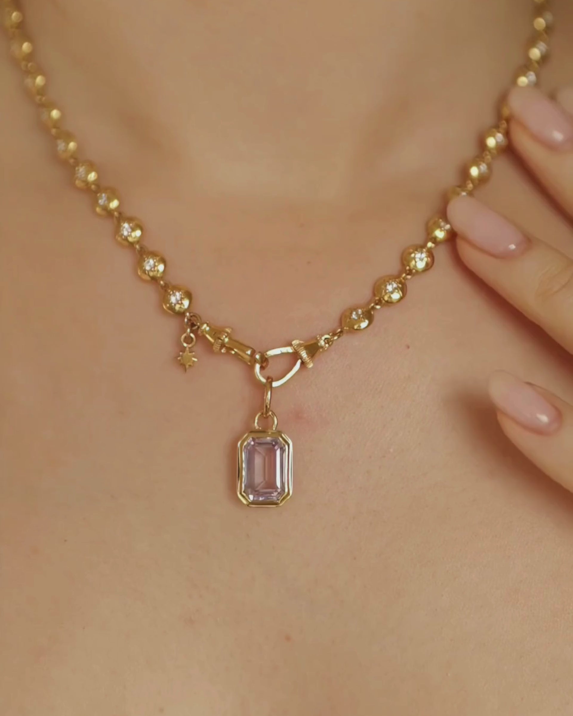 Lulu 18ct gold plated star detail tennis chain necklace with Lumi emerald cut pink amethyst pendant