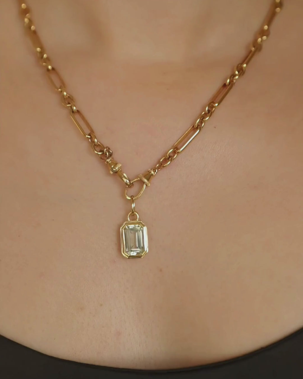 Tabitha 18ct gold plated paperclip chain necklace with Lumi emerald cut green amethyst pendant