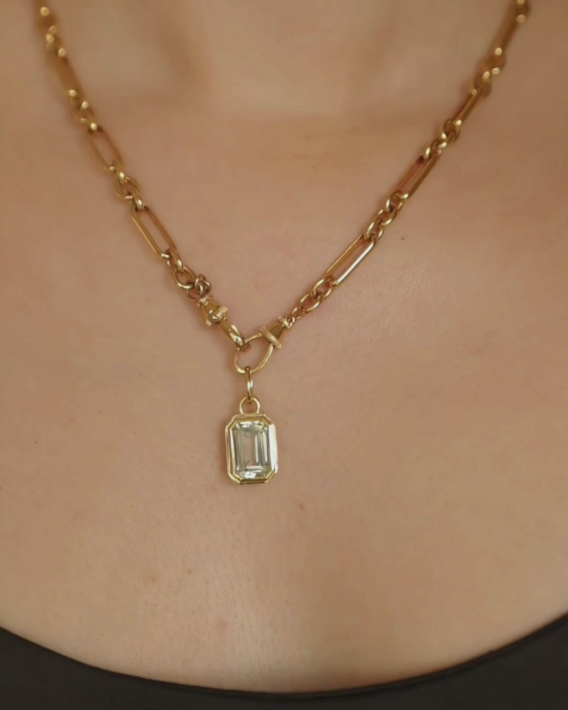 Tabitha 18ct gold plated paperclip chain necklace with Lumi emerald cut green amethyst pendant