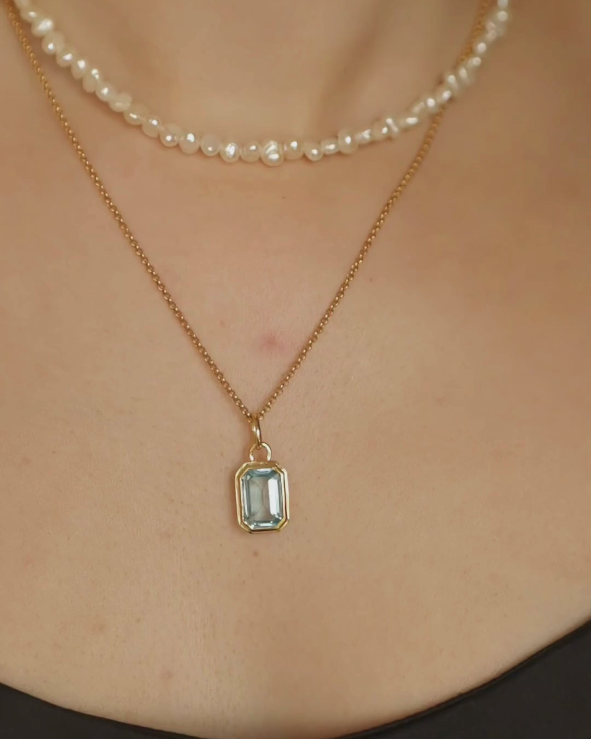 Aura cultured baroque pearl necklace, gold Ivy and Lumi blue topaz pendant necklace stack