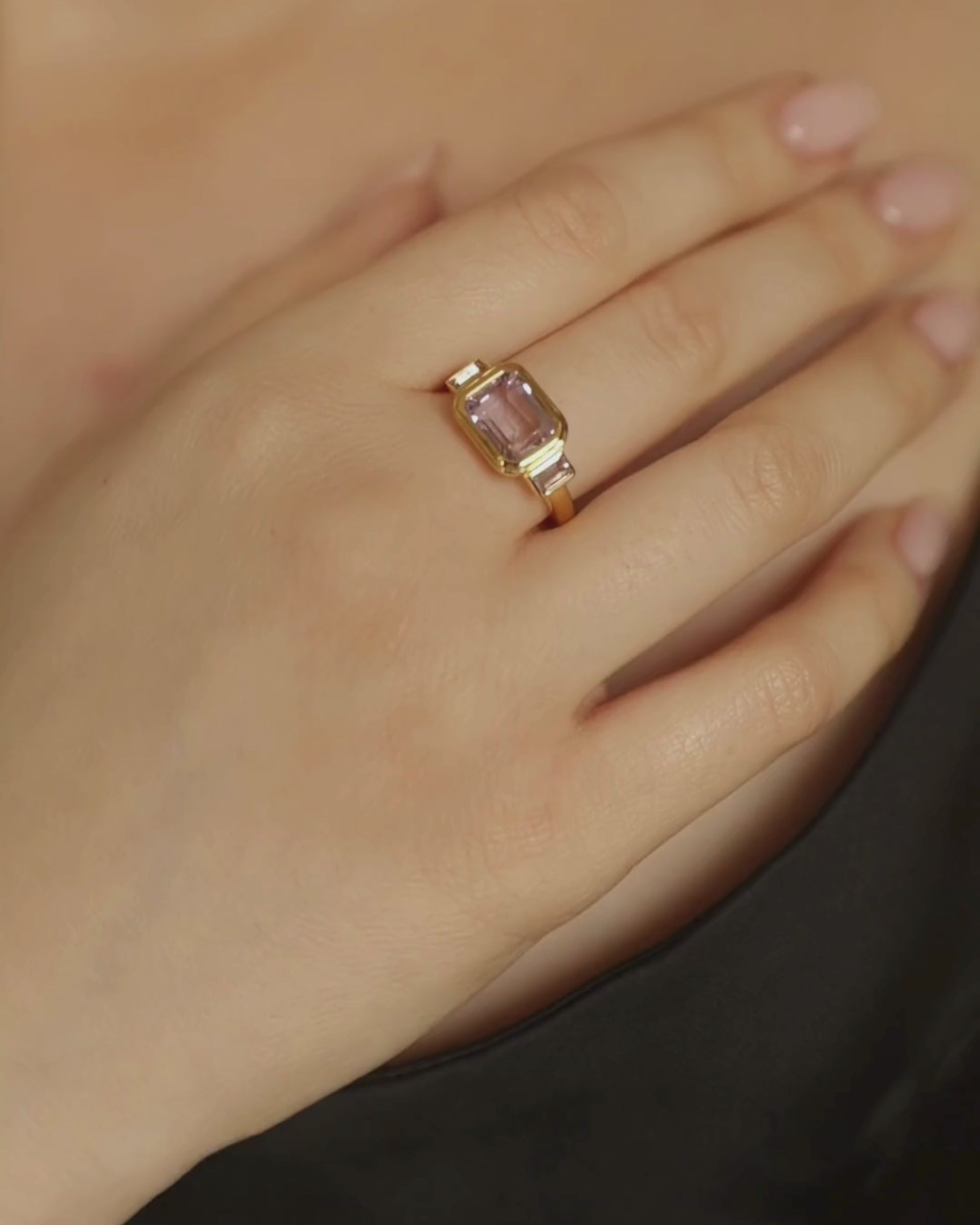 Lumi emerald cut pink amethyst three stone ring in 18ct gold plated sterling silver