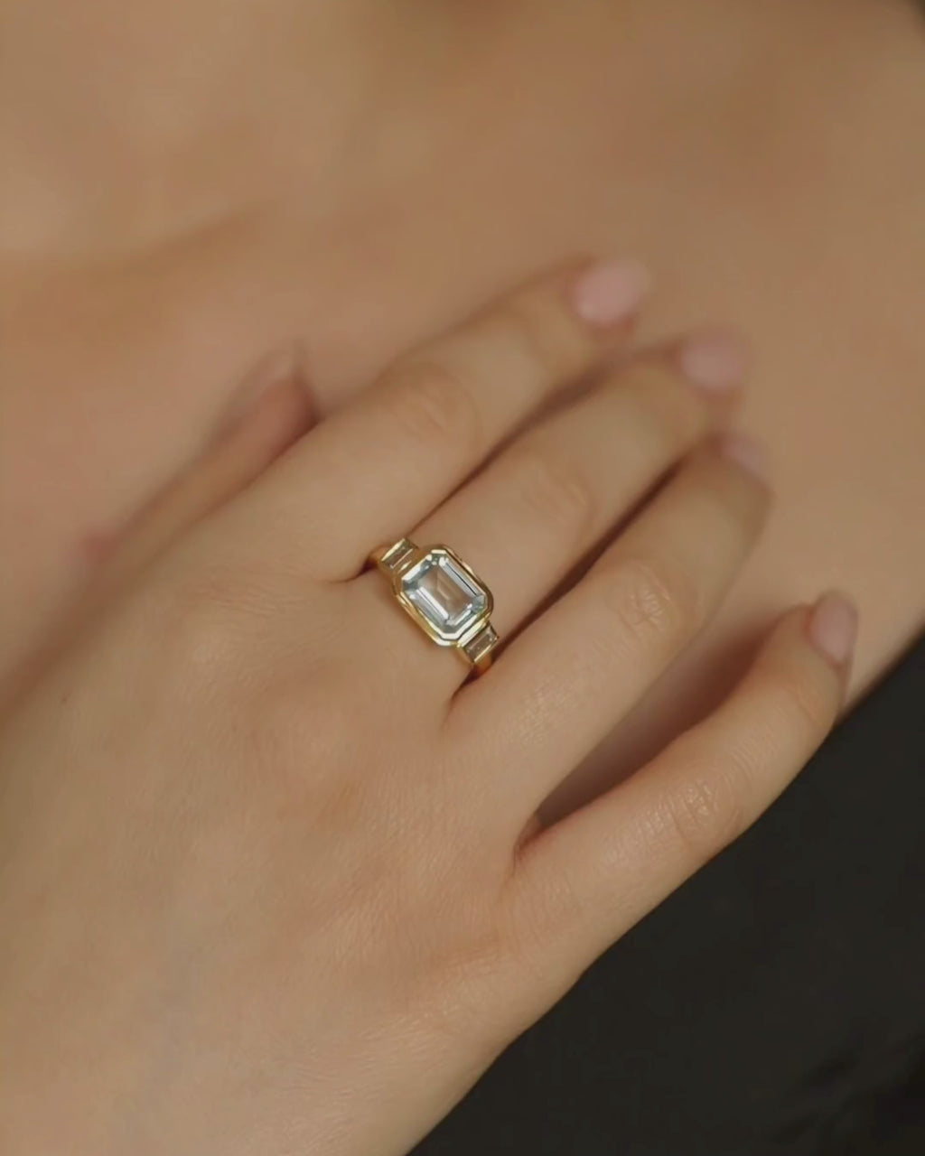 Lumi emerald cut blue topaz three stone ring in 18ct gold plated sterling silver