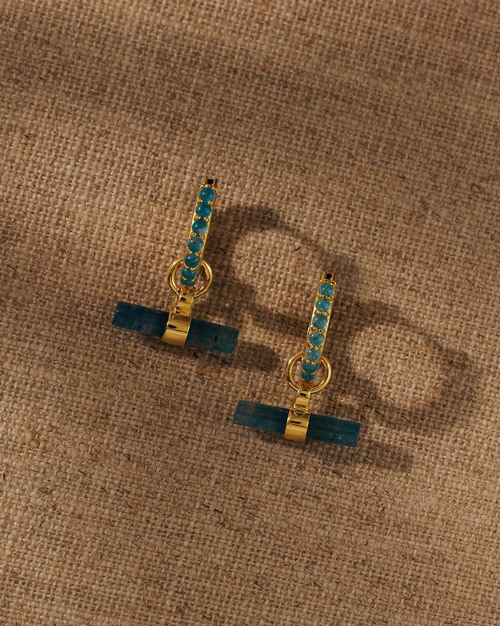 Teal Quartz T-BAR earring charms on DELTA reversible huggies
