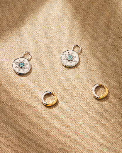 Vega silver charm earrings with vintage star motif and crystals attached to small hoop earrings
