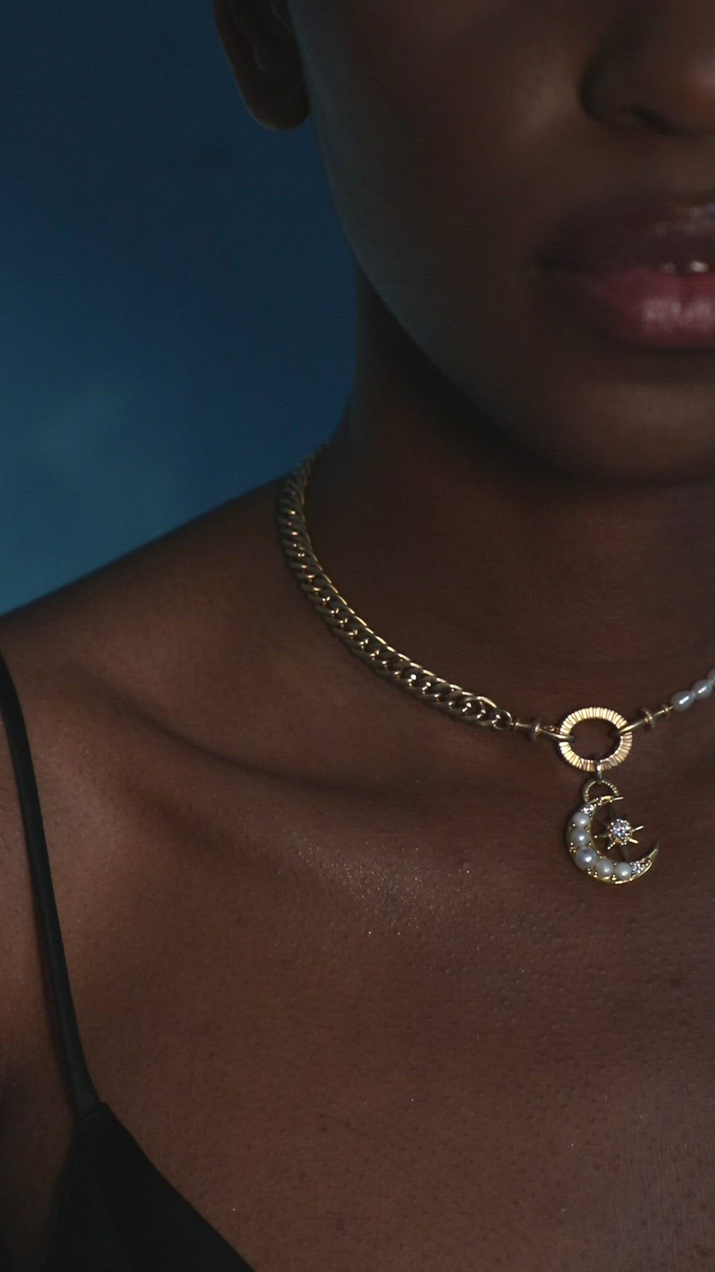 Raven James LUNA Pendant worn with DUSK chain bracelet and AERIN pearl bracelet (worn together as a necklace) 